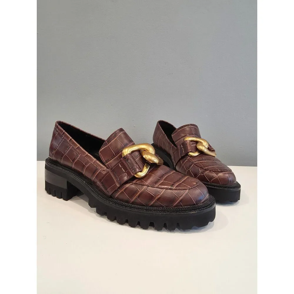 Aerosoles Lilia Brown Croc Embossed Leather Lug Sole Chain Loafers Womens 8